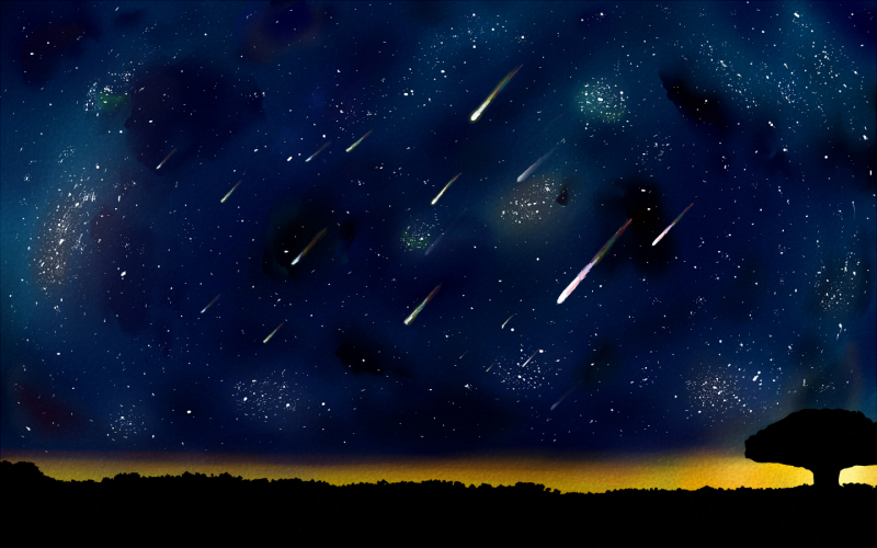 暗夜星空梦幻夜空，星空美景风景水彩，水粉手绘插画